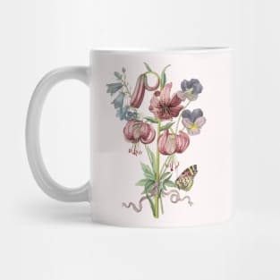 Lily Flower Bouquet with Butterfly Vintage Botanical Illustration Mug